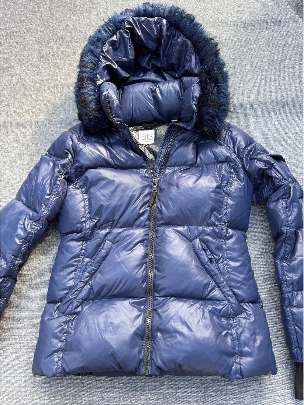S13 New York Women's Navy Blue Puffer Jacket with Faux Fur Hood